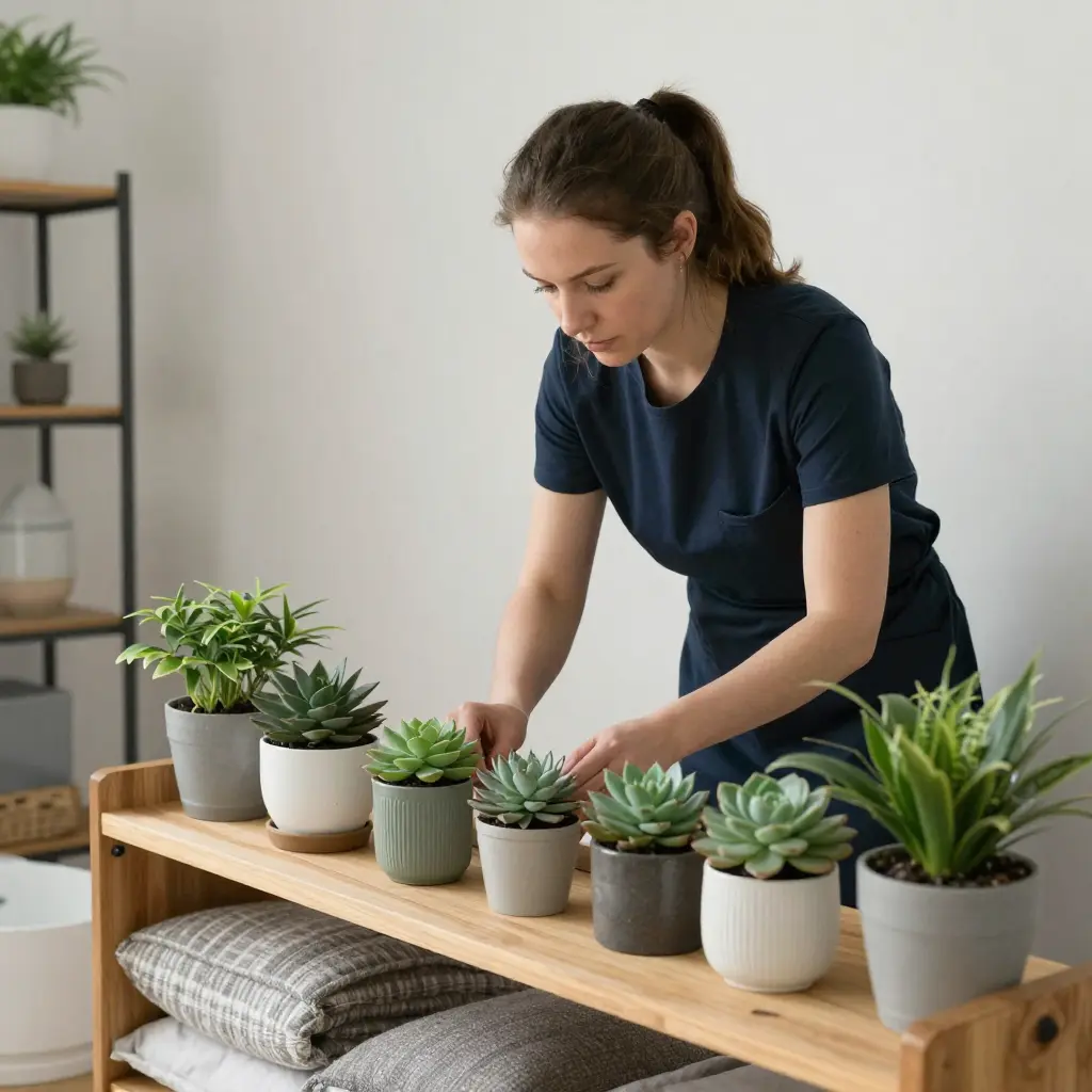 Professional caring for indoor plants in a residential setting
